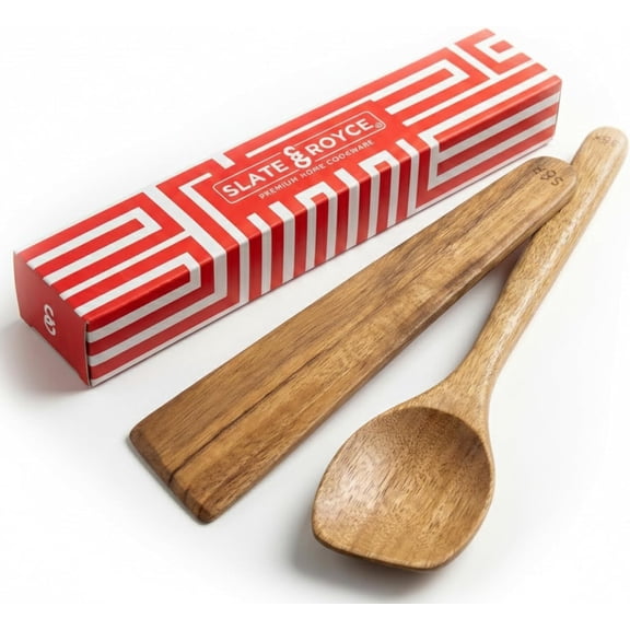 Wooden Spoon and Spatula Set, 2-Piece Non-Toxic Acacia Wood Cooking Utensils  Long Wooden Spoon for Cooking & Wood Spatula Scraper, Non-Stick, Cast Iron & Stainless Steel