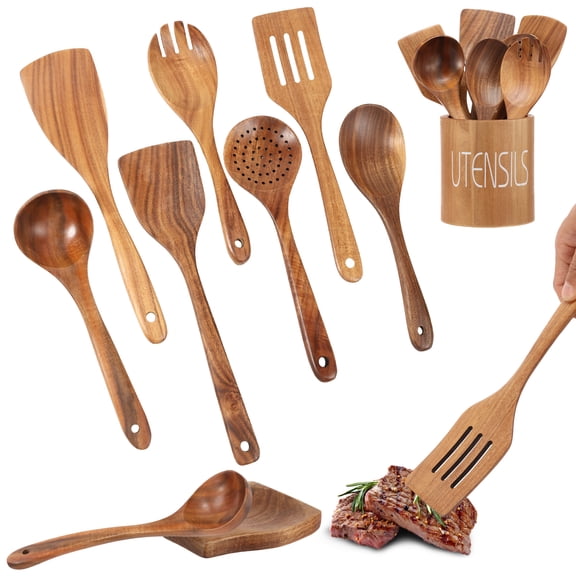 Wooden Spoon for Cooking 9 Pcs Teak Wooden Spoon Kitchen Utensils Set Wood Kitchen Cookware Sturdy Non Scratch Heat Resistant Comfortable Grip