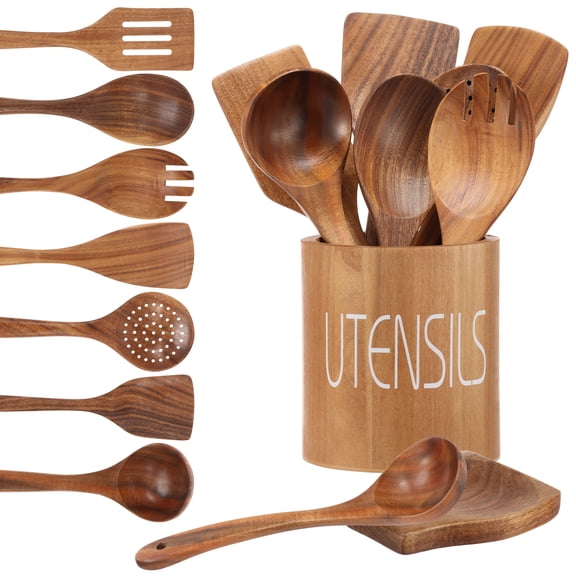 Wooden Spoon for Cooking 9 Pcs Teak Wooden Spoon Kitchen Utensils Set Wood Kitchen Cookware Sturdy Non Scratch Heat Resistant Comfortable Grip