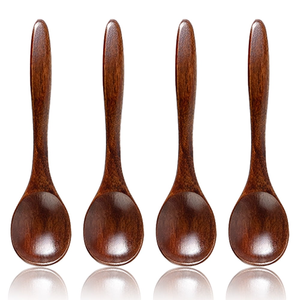 Wooden Spoons , 4 Pieces Wood Soup Spoons for Eating Mixing Stirring