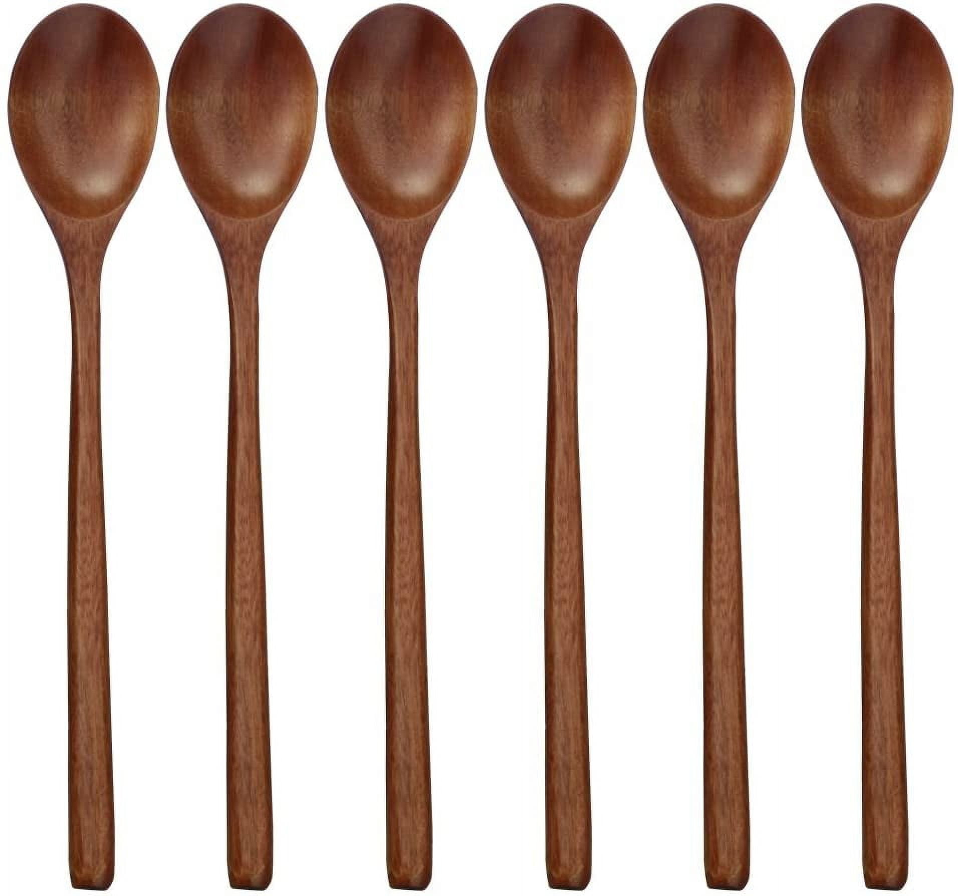 9 Inch Natural Wood Long Handle Soup Spoons, Set of 6