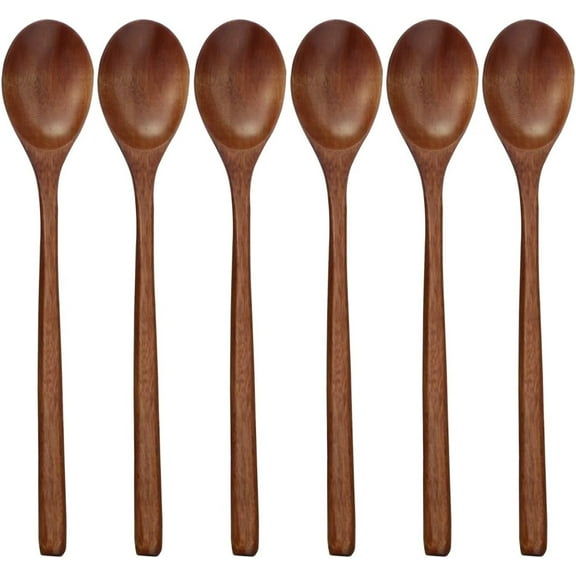 Wooden Spoons, 6 Pieces 9 Inch Wood Soup Spoons for Eating Mixing Stirring, Long Handle Spoon with Japanese Style Kitchen Utensil, RUseeN Eco Friendly Table Spoon