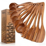 GPED Wooden Spoons for Cooking, 10 PCS Teak Wood Cooking Utensil Set, Wooden Kitchen Utensils for Nonstick Pans & Cookware, Spoons and Spatula Set, Sturdy, Lightweight & Heat Resistant