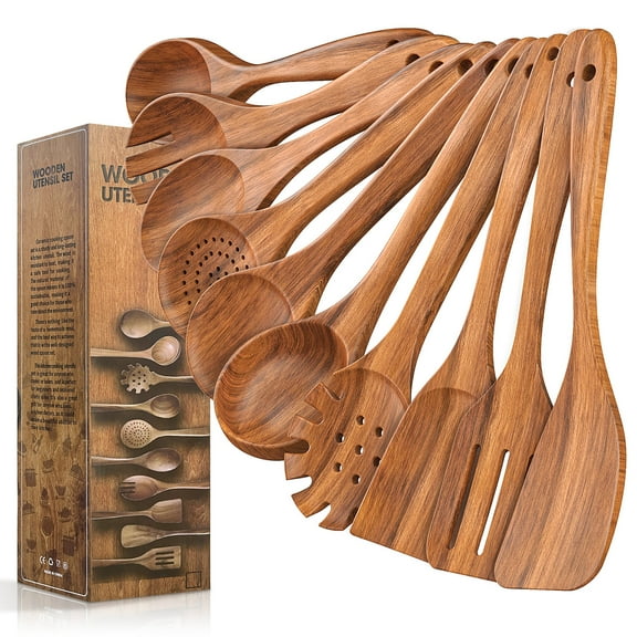 Wooden Spoons for Cooking, 10 PCS Teak Wood Cooking Utensil Set, Wooden Kitchen Utensils for Nonstick Pans & Cookware, Spoons and Spatula Set, Sturdy, Lightweight & Heat Resistant
