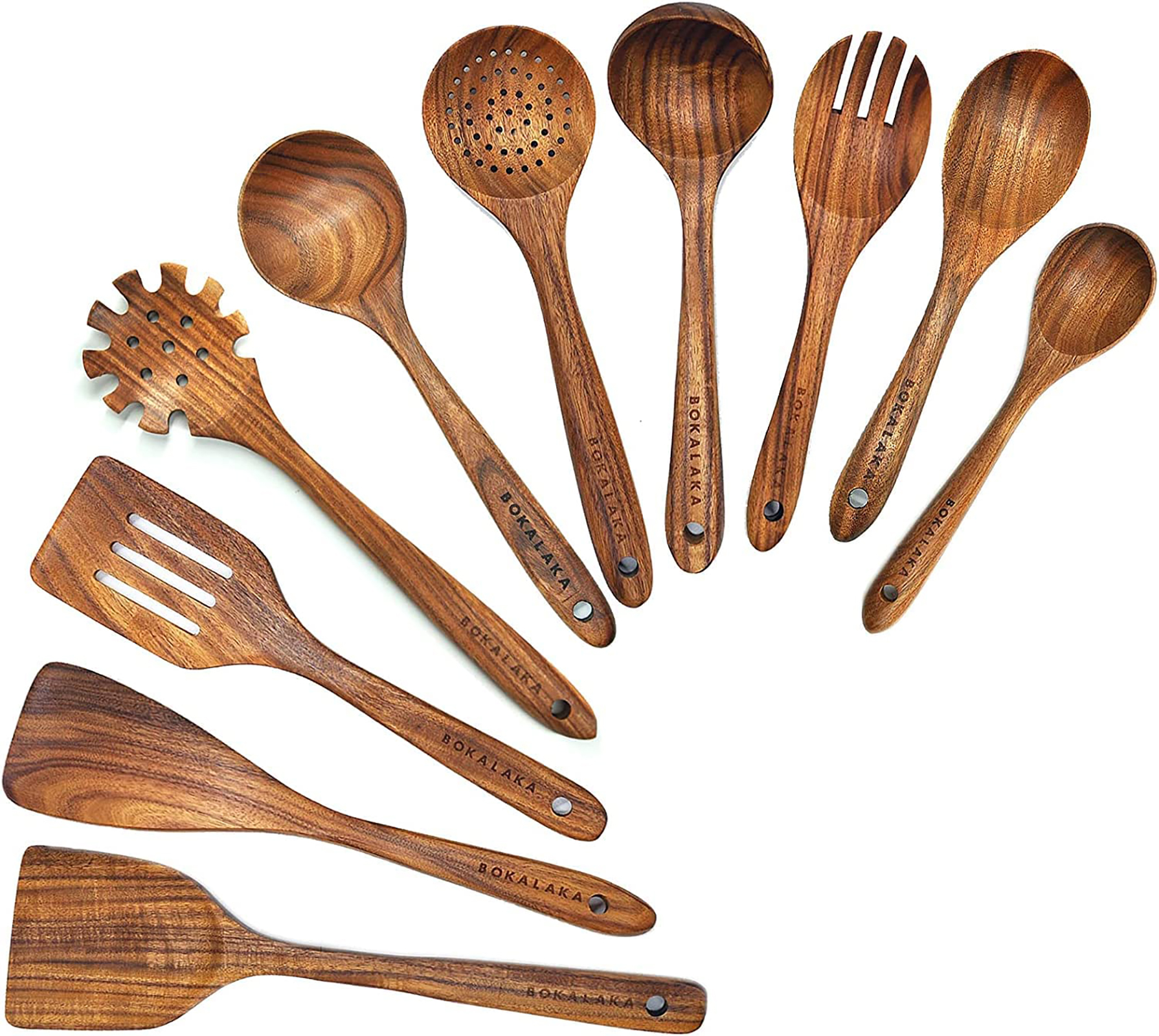 BOKALAKA Wooden Spoons For Cooking 10 Pcs Natural Teak Kitchen Utensils 