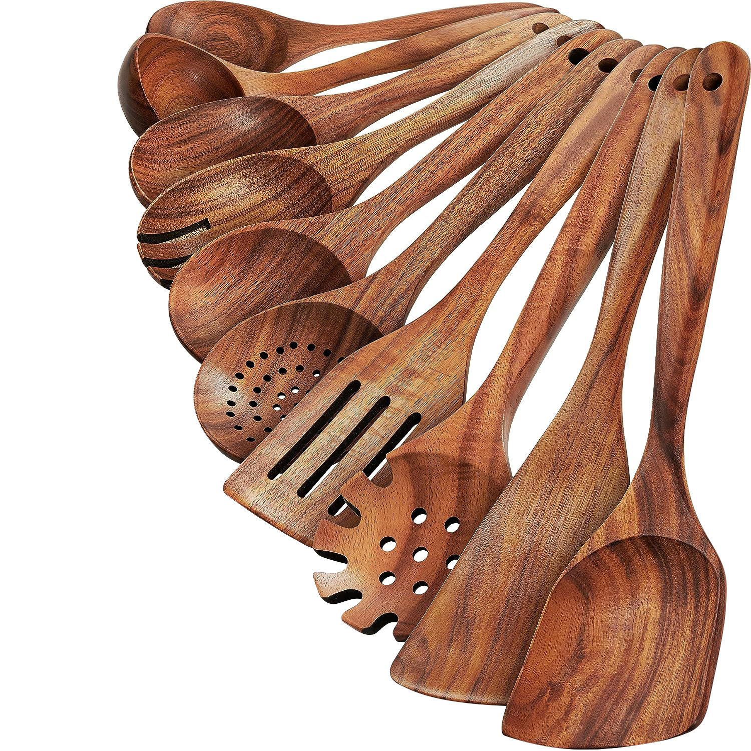 Wooden Spoons for Cooking, 10 Pcs Teak Wood Cooking Utensil Set Wooden Kitchen Utensils for