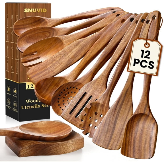 Wooden Spoons for Cooking, 12 Pcs Teak Wood Kitchen Utensils Set with Spoon Rest - Nonstick Heat Resistant Wooden Cooking Utensils, Natural Healthy Spatula Set for Pots and Pans