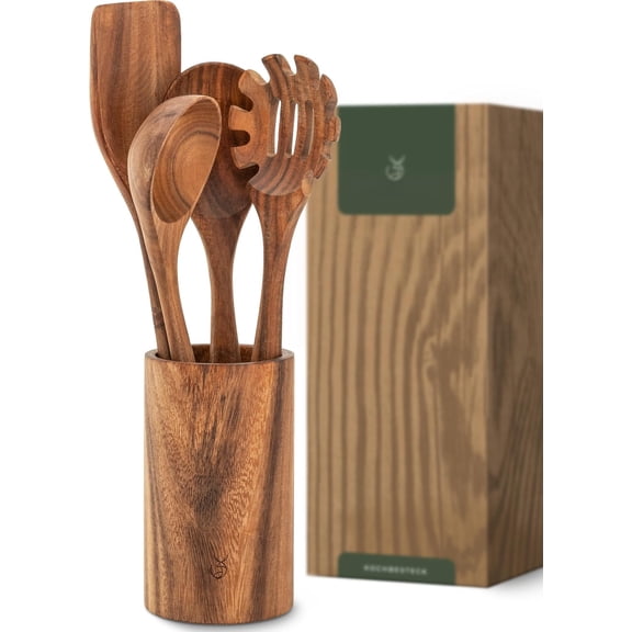 Wooden Spoons for Cooking - 4- Kitchen Utensils Set with Teak Spoons, Spatula, Pasta Server & Holder - Wooden Utensil Set - Cooking Utensils - Utensil Sets - Non