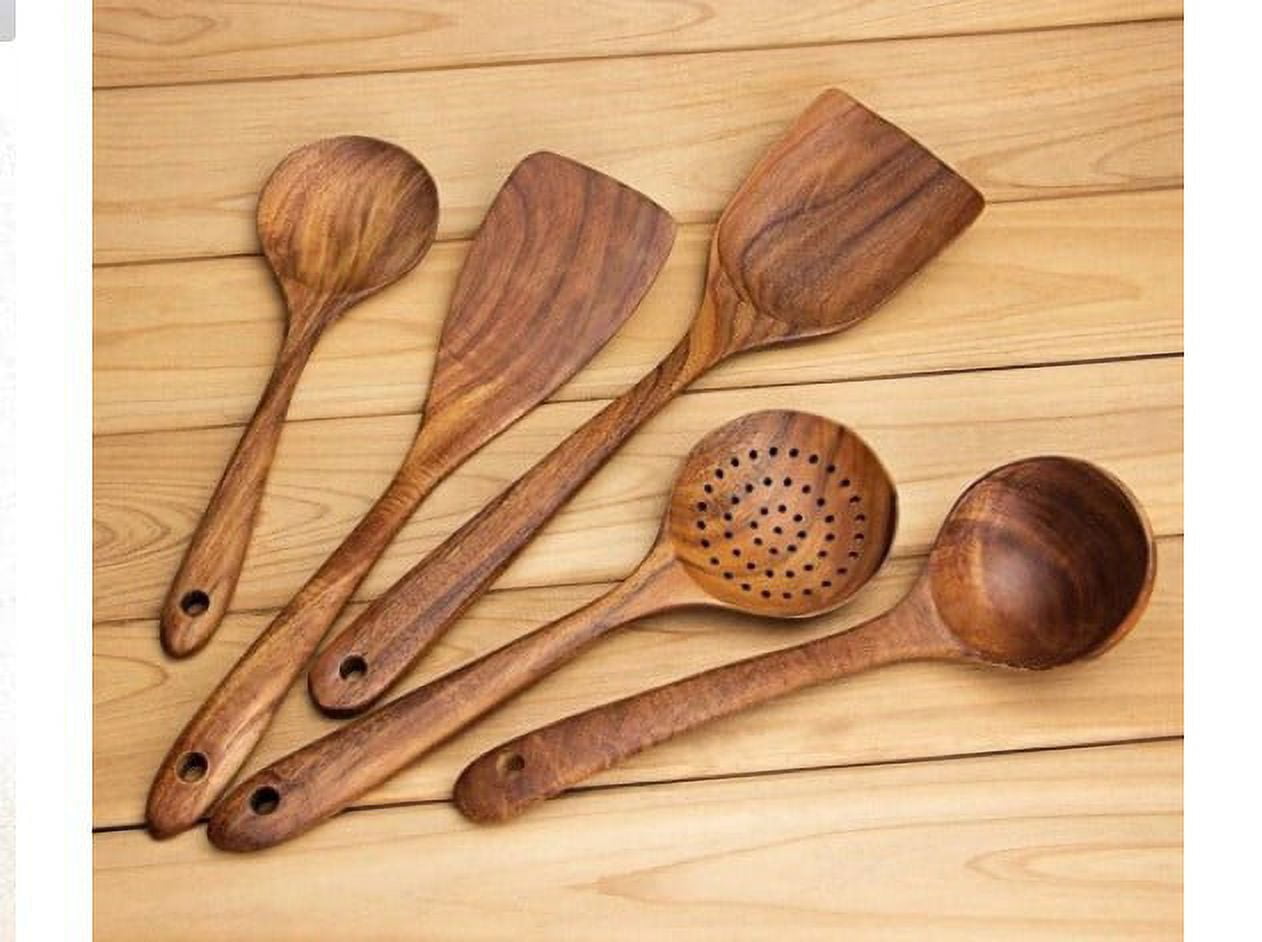 KITEISCAT Acacia Wooden Spoons for Cooking: 5-Piece Kitchen & Cooking  Utensils Set - Wooden Spatula, Slotted & Pasta Spoon - Essential Wooden  Utensil