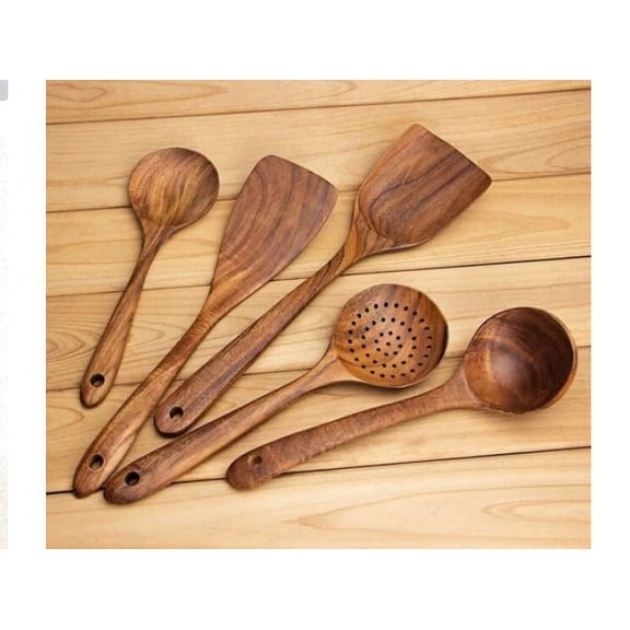 Wooden Spoons for Cooking - 5 Piece Non Stick Wooden Spoon Set - Natural Wood Kitchen Utensils - Wooden Spoons, Spatula Set, Slotted Spoon & Pasta Spoon - Handmade Acacia Wooden Spoon Set