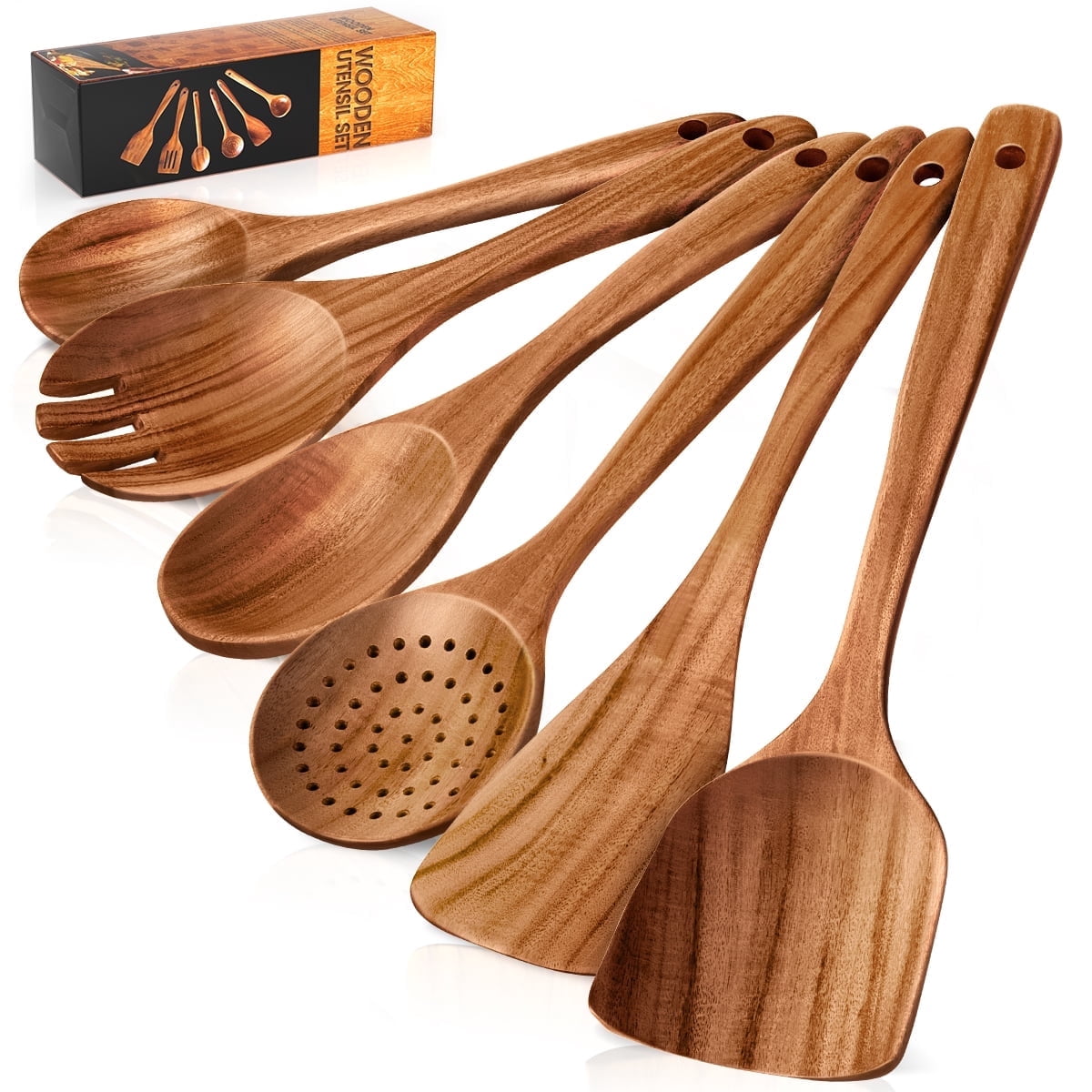 Wooden Spoons for Cooking, 6 PCS Teak Wood Cooking Utensil Set, Wooden Kitchen Utensils for Nonstick Pans & Cookware, Spoons and Spatula Set, Sturdy, Lightweight & Heat Resistant - Walmart.com
