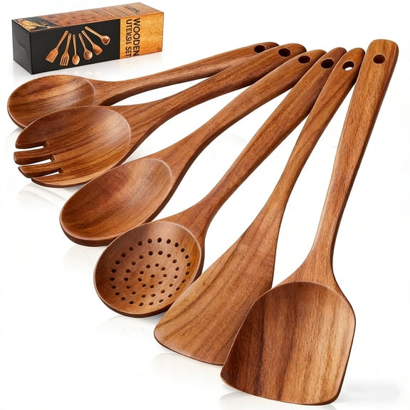 GPED Wooden Spoons for Cooking, 6 PCS Teak Wood Cooking Utensil Set, Wooden Kitchen Utensils for Nonstick Pans & Cookware, Spoons and Spatula Set, Sturdy, Lightweight & Heat Resistant