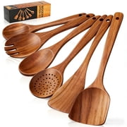 GPED Wooden Spoons for Cooking, 6 PCS Teak Wood Cooking Utensil Set, Wooden Kitchen Utensils for Nonstick Pans & Cookware, Spoons and Spatula Set, Sturdy, Light