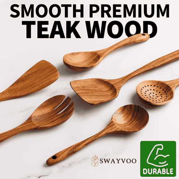 Wooden Kitchen Utensil Set, 6-Piece Wooden Cooking Spoons and Serving Spoons for Nonstick Cookware