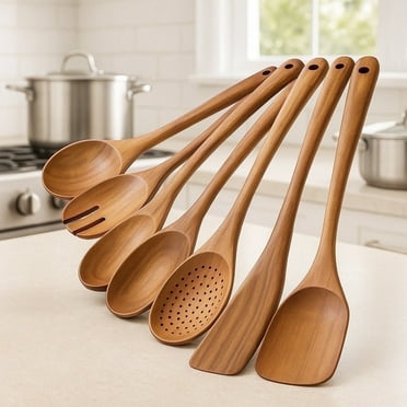 Wooden Kitchen Utensil Set, 6-Piece Wooden Cooking Spoons and Serving Spoons for Nonstick Cookware