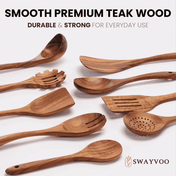 Swayvoo Wooden Kitchen Utensil Set 9-Piece Wooden Cooking Spoons with Utensil Holder Serving Spoons for Nonstick Cookware