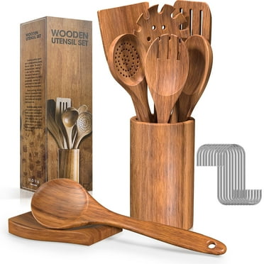Wooden Spoons for Cooking, 9 PCS Teak Wood Cooking Utensil Set, Wooden Kitchen Utensils for Nonstick Pans & Cookware, Spoons and Spatula Set, Sturdy, Lightweight & Heat Resistant