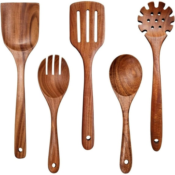 Wooden Spoons for Cooking Non-Stick Kitchen Pan Toolset 5 PCS Set,100%Natural Teak Kitchen Utensils Spatula, Wooden Cooking Utensils Spoons, Fried Spatula and Salad Fork, Pasta Spoon, Wooden Spoo