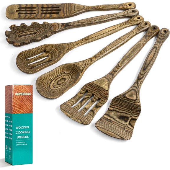 Wooden Spoons for Cooking, Pakkawood Kitchen Utensil Set Granite, Premium Durable Wooden Utensils for Nonstick Cookware, Heat Resistant, Smooth Finish, Comfortable Grip, 6 Piece