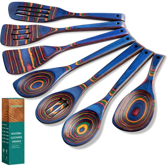 Wooden Spoons for Cooking, Pakkawood Kitchen Utensil Set Spectrum Color, Premium Durable Wooden Utensils for Nonstick Cookware, Heat Resistant, Smooth Finish, Comfortable Grip, 7 Piece