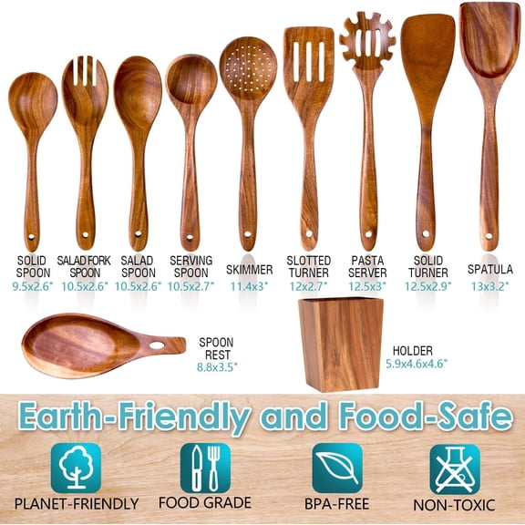 Wooden Spoons for Cooking, Premium Acacia Wood Kitchen Utensil Set, Handmade Wooden Utensils for Nonstick Cookware, Heat Resistant, Smooth Finish, Comfortable Grip, with Holder, Gift Ready