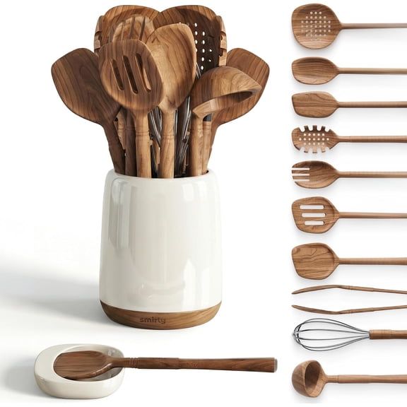 Wooden Spoons for Cooking - Premium Wood Utensil Set with Elegant Ceramic Holder & Spoon Rest, Non-Scratch Cooking Utensils Set for Nonstick Cookware, Luxury Kitchen Gift Set