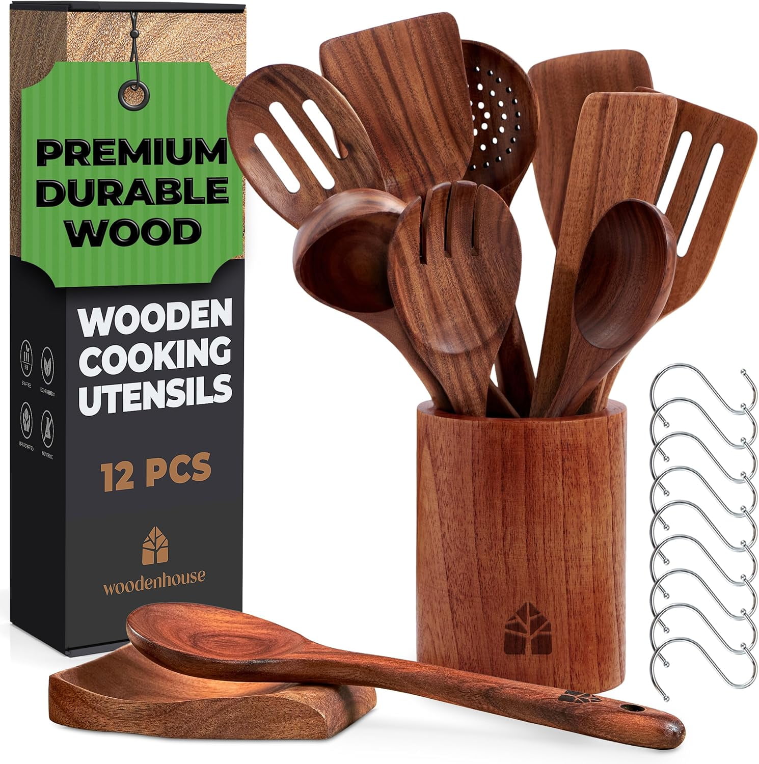 Teak Wood Nonstick Cooking Utensils Set with Holder, Spoon Rest & Hooks, 12 Piece