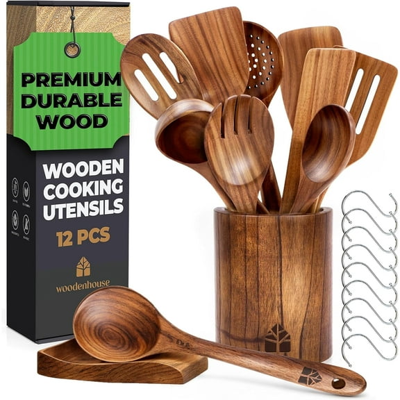 Wooden Spoons for Cooking – Wooden Cooking Utensils Set with Holder, Spoon Rest & Hooks, Teak Wood Nonstick Kitchen Cookware – Durable Set of 12pcs by Woodenhouse