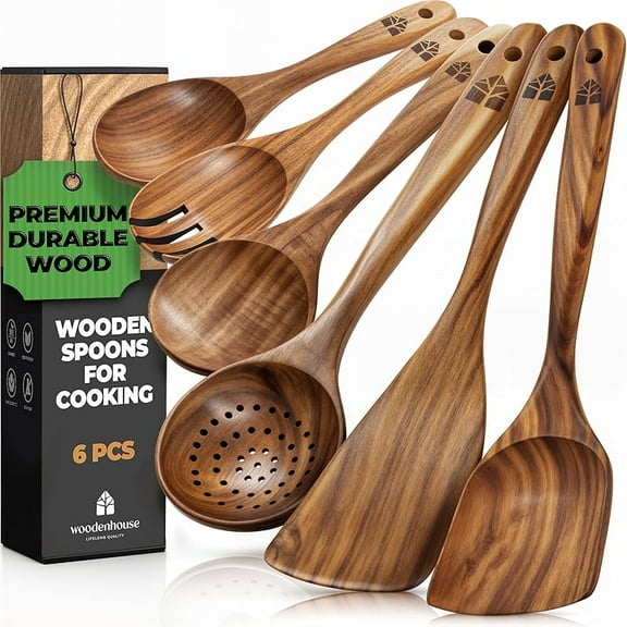 Wooden Spoons for Cooking – Wooden Kitchen Utensils Set, 6 Pcs Teak Wood Utensil Set – Comfortable Grip Non–Stick Wooden Cooking Utensils - Kitchen Gifts for Women Men, Cooking Gifts for Men Women