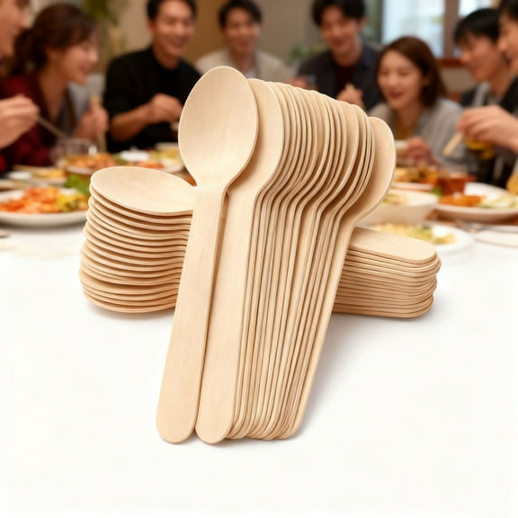 Wooden Spoons Cutlery Set, Disposable Tableware, 100Pcs Spoons Wooden Compostable Utensils, Eco-friendly Biodegradable Plastic Tableware for Party Birthday Wedding (5.5")