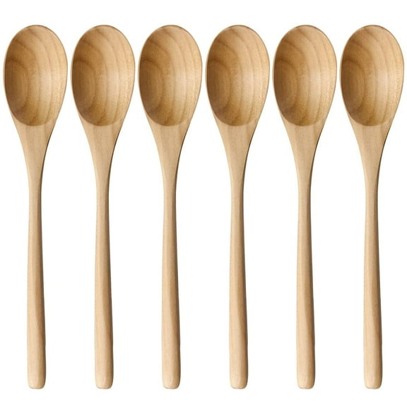 Wooden Spoons for Eating, Ksopiavobs 9 Inches 6 Pieces Japanese Natural Ellipse Wooden Spoon Set for Cooking Mixing Stirring Honey Tea Soda Dessert Coconut Bowl Nonstick Pots Kitchen