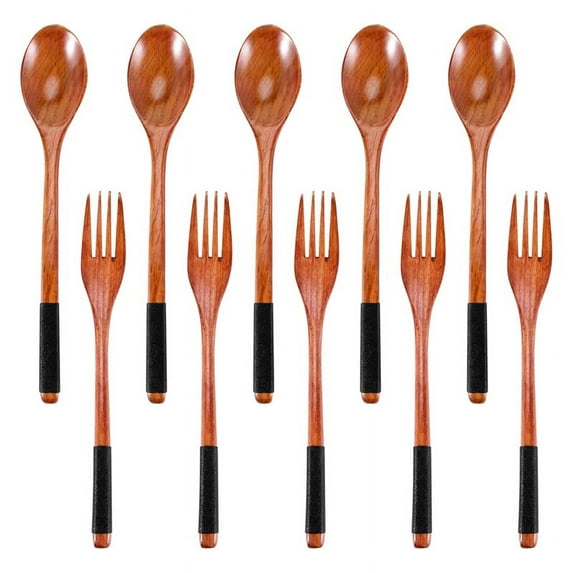 Quaqdae Wooden Spoons Forks Set Japanese Style Wooden Utensils Set for Eating Wood Flatware Set Reusable (Black Cords,10 Pieces)