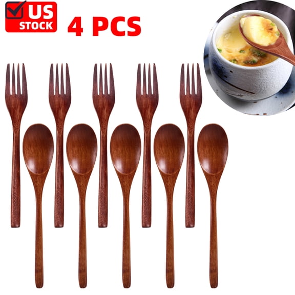Wooden Spoons Forks Set Wooden Utensils - 10 Pack for Eating Wood Dinner Utensil Set Reusable Flatware Tableware Handmade Natural Cutlery Includes Spoon Fork for Cooking Eating Kitchen