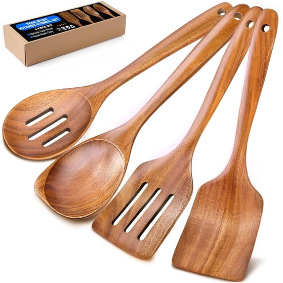 Wooden Spoons for Cooking, 4 Piece Natural Premium Teak Cooking Utensils Set, Heat Resistant Large Kitchen and Spatula Nonstick Cookware Gifts