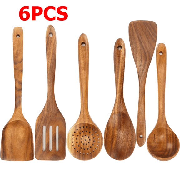 Wooden Spoons for Cooking 6 Pc Teak Wood Utensil Set, Durable, Nonstick Safe & Heat Resistant with Ergonomic Handles