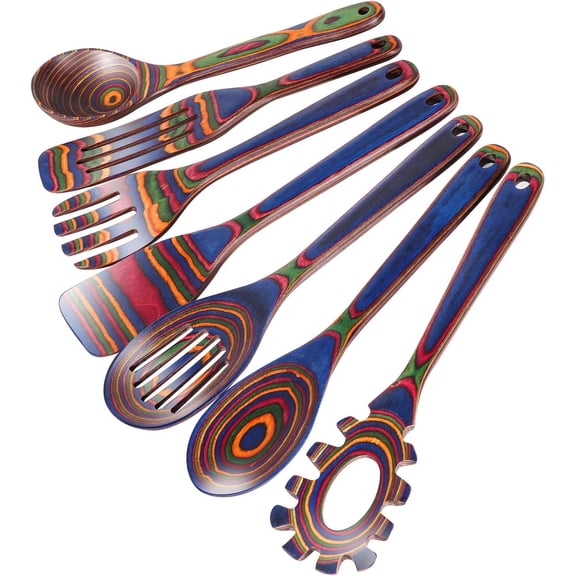 Wooden Spoons for Cooking - 7 count Pakkawood Kitchen Utensils Set with Spatulas, Spoons, Ladles, and Turner for Mixing, Serving & Cooking