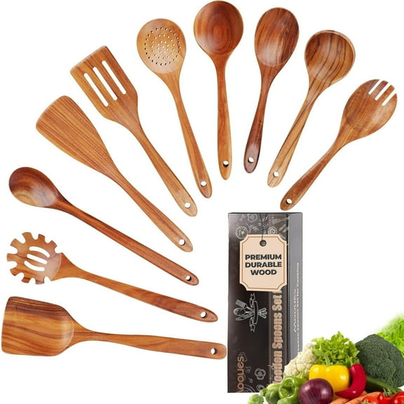 ACMETOP Wooden Spoons for Cooking, 10 Pcs Natural Teak Kitchen Utensil Set, Wooden Cooking Utensils Set for Nonstick Pans & Cookware