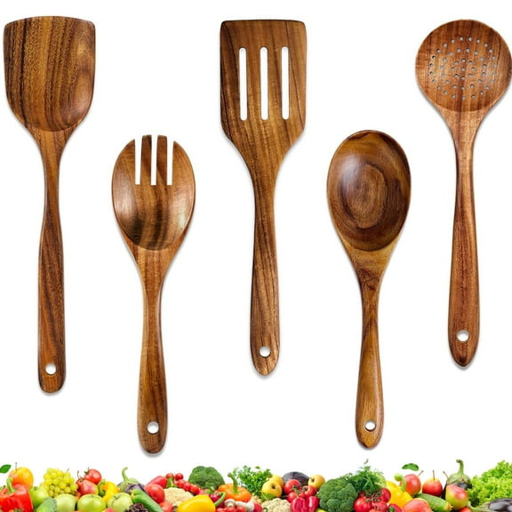 ACMETOP Wooden Spoons for Cooking, 5 Pcs Natural Teak Kitchen Utensil Set , Wooden Cooking Utensils Set for Nonstick Pans & Cookware