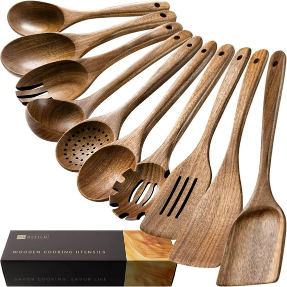 Wooden Spoons for Cooking, Nonstick Cooking Utensil Set with 10 Piece Acacia Spatulas and Terrific Everyday Kitchen Tasks