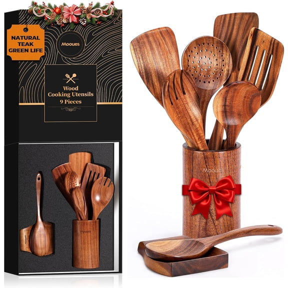 Wooden Spoons for Cooking, Wooden Utensils for Cooking Natural Teak Wooden Kitchen Utensils Set Comfort Grip(9 PCS SET GIFT BOX)