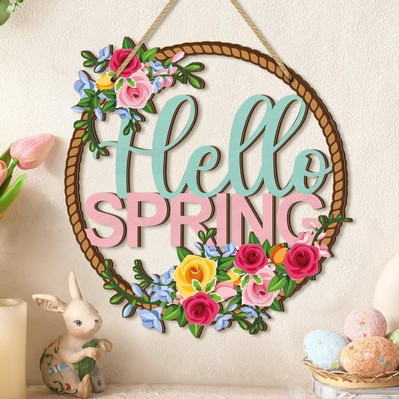 Wooden Spring Decoration Door Wreath for Front Door Sign Wall Signs, Hollow Flower Wreath Sign Hello Spring Welcome Hanging for Home Wall Decor Party Outdoor indoor Supply Easter Decoration