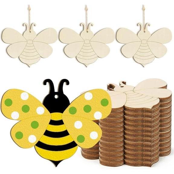 Wooden Spring Ornaments to Paint Bee Decoration Cutouts Unfinished 24PCS 3.5 x 3 inches, DIY Blank Unfinished Bee Wood Discs Ornament for Home Crafts Hanging Summer Decoration