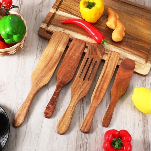 Wooden Spurtle Set,5 Pcs Kitchen Utensil Set Heat Resistant Non Stick Wood Cookware with Hanging Hole,Slotted Spurtle Spatula Sets for Stirring,Mixing,Serving