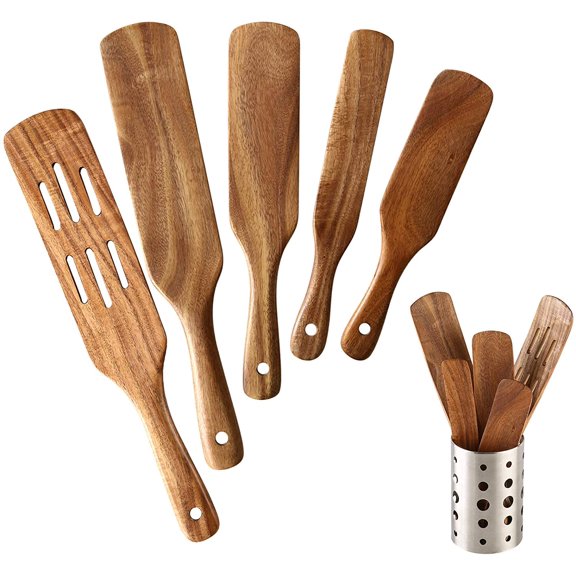 Wooden Spurtle Set, 5 Pcs Natural Teak Kitchen Utensil Set Heat Resistant Non Stick Wood Cookware with Hanging Hole, Slotted Spurtle Spatula Sets for Stirring, Mixing, Serving