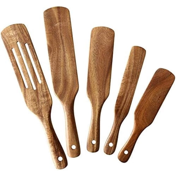 Wooden Spurtle Set, 5 Pcs Natural Teak Kitchen Utensil Set Heat Resistant Non Stick Wood Cookware with Hanging Hole, Slotted Spurtle Spatula Sets for Stirring, Mixing, Serving