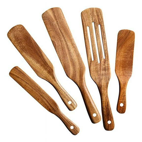 Wooden Spurtles Set (5Pcs) - Teak Wood Kitchen Tools Set - Heat Non Stick Wood Cookware for Stirring & Mixing