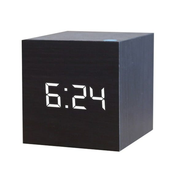 Wooden Square Digital LED USB Desk Alarm Clock Table Voice Control Decoration