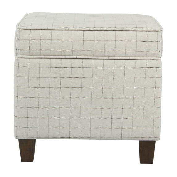Wooden Square Ottoman with Grid Patterned Fabric Upholstery and Hidden Storage Beige and Brown - Saltoro Sherpi