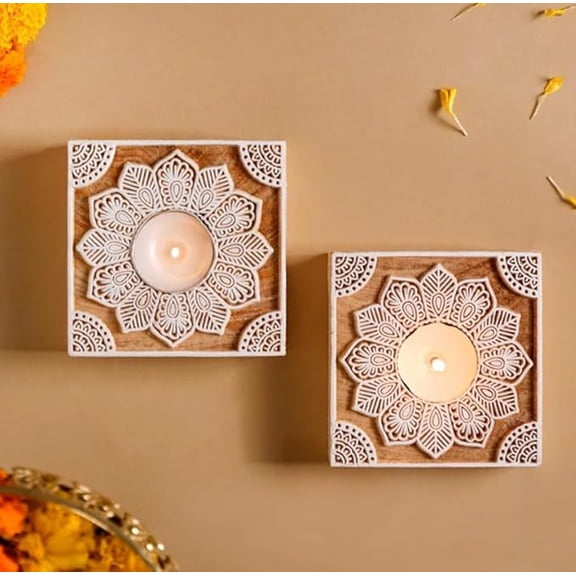 Wooden Square Tea Light Candle Holder Stand Handmade Wooden Block Print Hand Made Tlight for Diwali Handicraft Decoration Items Candle Holder Set Stand for Indoor Dcor Set of 2