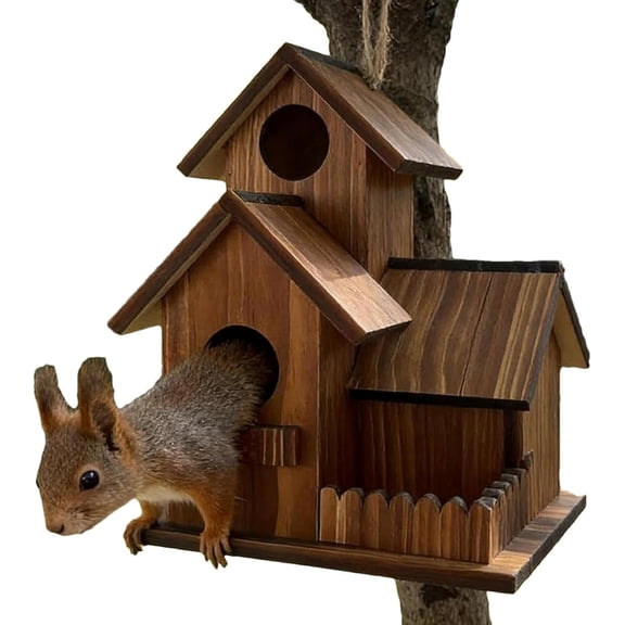 Wooden Squirrel Feeder Box, 7.48 in Hangable Weather Resistant House for Garden, Rainproof Outside Wildlife Nesting Box, Natural Tree Decor (k)